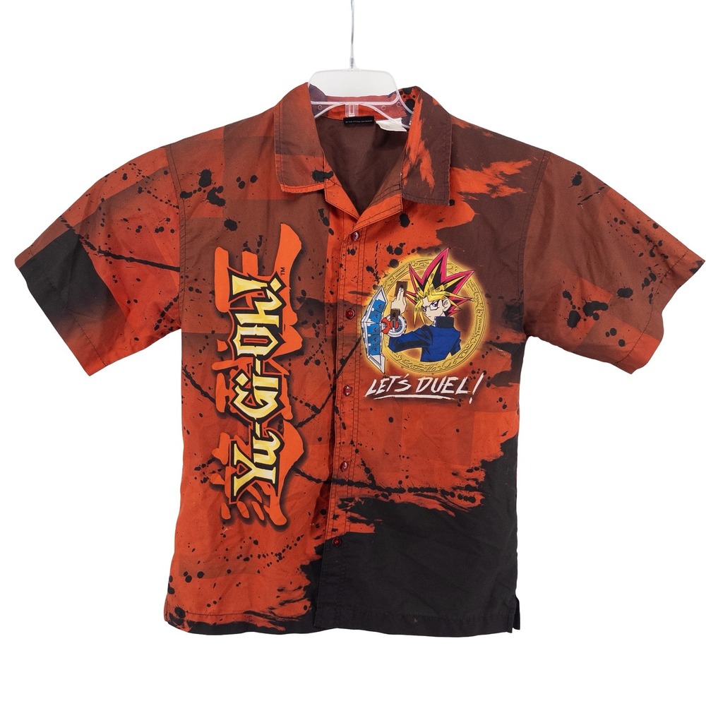 VTG 1996 Yu-Gi-Oh Kids XL 16/18 Button Up Shirt Orange Yami Yugi Lets Duel Anime